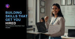 Smiling student showcasing coding and analytics skills with laptop – 7Seers building skills that get you hired beyond grades